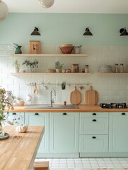 A modern kitchen filled with items lights and a table