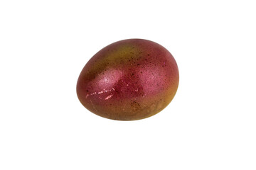 Golden brown easter egg with  glowing shell pattern, isolated on white background. Color contrast, creativity, holiday decoration, creativity, symbolism of rebirth. Copy space. Selective focus
