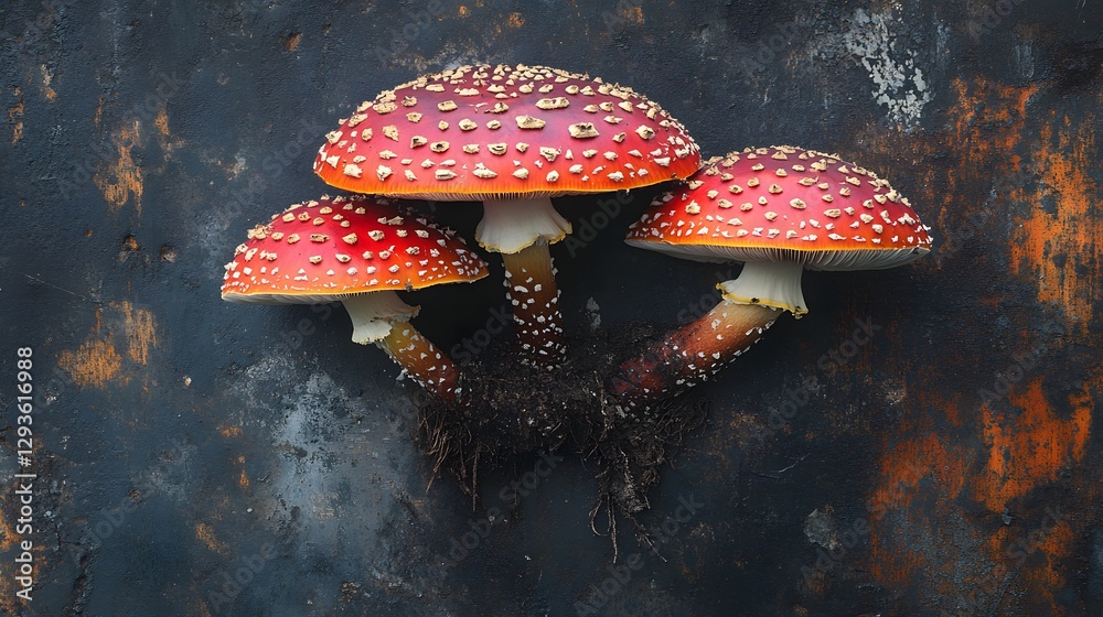 Poster three vibrant red fly agaric mushrooms with white spots, captured in close-up against a dark rustic 