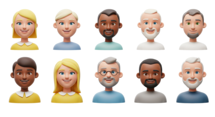 3D illustration of smiling people close up portraits set. Cute cartoon business men and women avatars, multi ethnic male and female characters faces, isolated on white