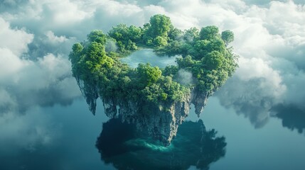 A stunning island nestled in tranquil waters features layered rock formations, with majestic peaks crowning its rugged landscape