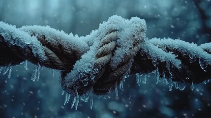 Frozen knot rope in snowy forest