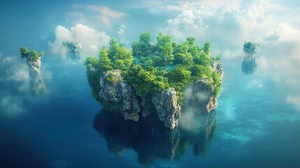 Majestic small island emerges from vibrant deep blue-green waters, embraced by endless azure expanses, creating a serene aquatic haven