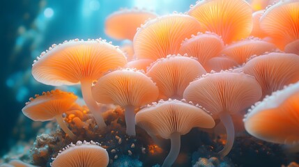 A breathtaking close-up of a cluster of delicate, orange mushrooms, glowing in soft light. Macro photography captures intricate details. Enchanted Mushroom Cluster: A Macro Photography Masterpiece