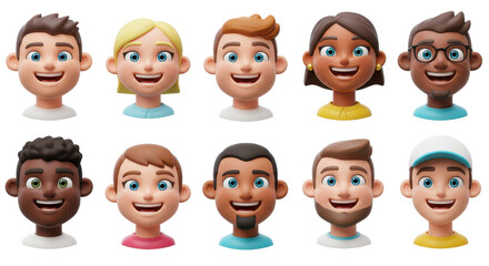 3D illustration of smiling people close up portraits set. Cute cartoon business men and women avatars, multi ethnic male and female characters faces, isolated on white