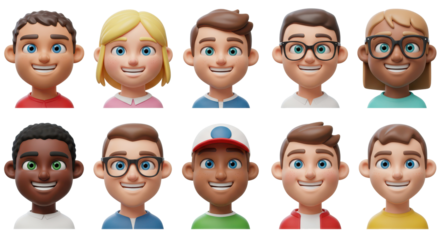 3D illustration of smiling people close up portraits set. Cute cartoon business men and women avatars, multi ethnic male and female characters faces, isolated on white
