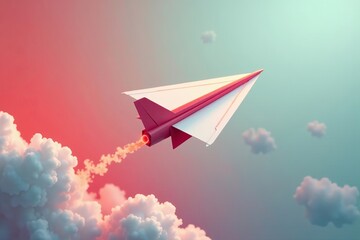 Single paper aircraft gliding through empty air, minimalist, exploration