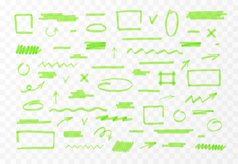 Green marker pen or highlighter lines and shapes vector set, transparent brush pen strokes, arrows, geometric shapes © sabelskaya