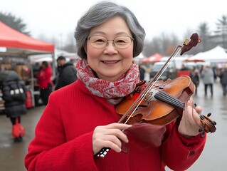 Elderly Woman Playing Violin Outdoors In Winter