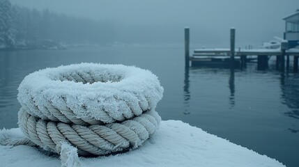 Frozen mooring rope on snowy dock