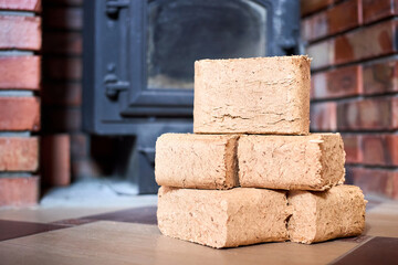 Fuel briquettes made of ruf type made of birch and oak alternative eco-friendly fuel for stove or fireplace in house. Fuel briquettes lay near steel stove with tiled floor cottage interior.