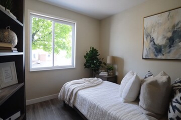 A bedroom with a white bed and a window. A potted plant is on the bed