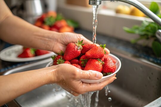 Washing fresh ripe strawberries under running water in kitchen sink for healthy eating

