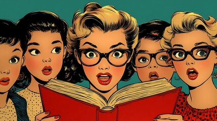 Popart inspired teacher scene bright block color halftone textures depicting enthusiastic teacher holding book speaking group of students creating lively modern vibe open space educational messages