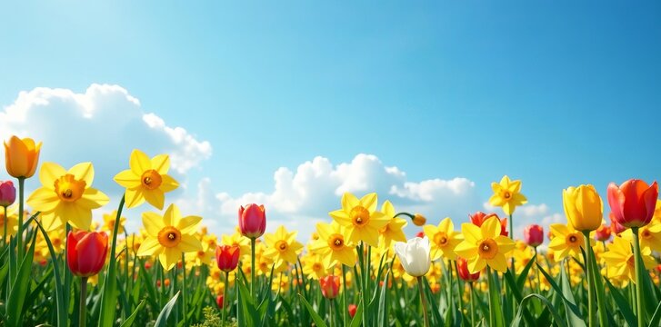 Vibrant field of blooming daffodils and tulips against blue skies, flowers, tulips