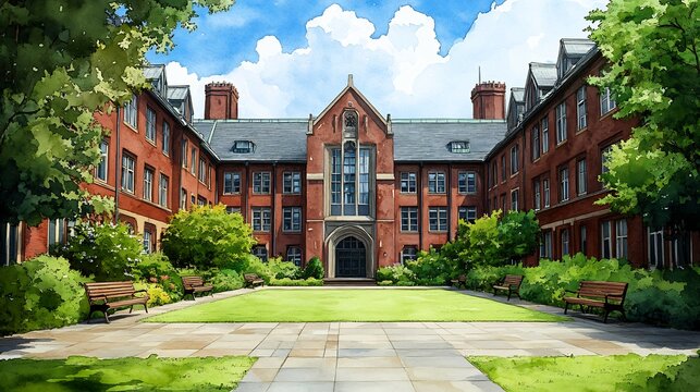 Serene watercolor style depiction of university campus open green spaces benches and buildings in soft pastel colors conveying peace reflection and an open environment for learning