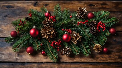 Festive Arrangement: Christmas decorations, including evergreen boughs, pinecones, ornaments, and holly berries arranged on a rustic wooden surface, Generative Ai