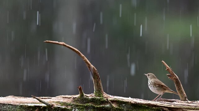 A Hermit Thrush perching on a log in the woods