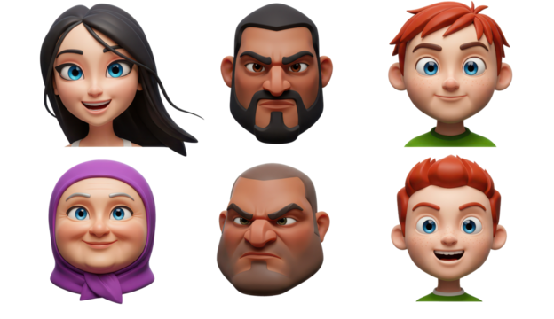 3D illustration of smiling people close up portraits set. Cute cartoon business men and women avatars, multi ethnic male and female characters faces, isolated on white