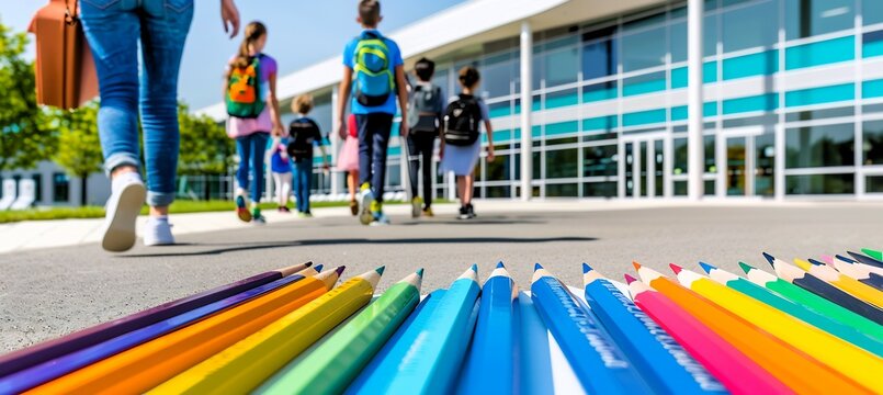 Soft watercolorstyle scene of students entering school building a rainbow of school supplies like rulers notebooks and paintbrushes swirling around offering a welcoming vibrant environment