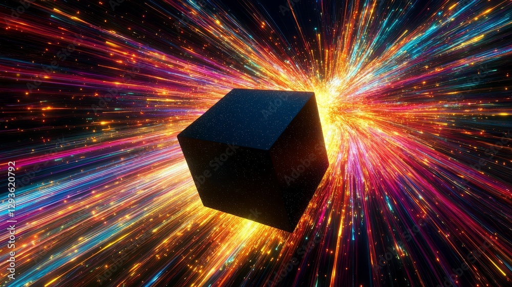 Poster Black cube floating amidst colorful light explosion and cosmic energy, dynamic abstract background. Futuristic and surreal concept