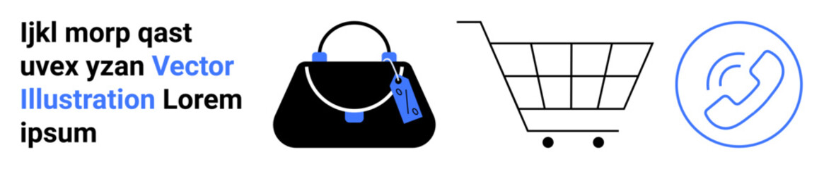 Handbag with tags, shopping cart, and phone icon highlighting retail, fashion, sales, e-commerce, customer care, marketing and business communication. Ideal for flat landing page banner