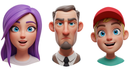 3D illustration of smiling people close up portraits set. Cute cartoon business men and women avatars, multi ethnic male and female characters faces, isolated on white