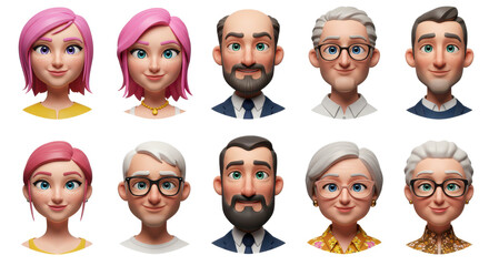 3D illustration of smiling people close up portraits set. Cute cartoon business men and women avatars, multi ethnic male and female characters faces, isolated on white