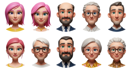 3D illustration of smiling people close up portraits set. Cute cartoon business men and women avatars, multi ethnic male and female characters faces, isolated on white