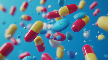 Colorful capsules and tablets falling on blue background medical healthcare pharmacy pills 3d red