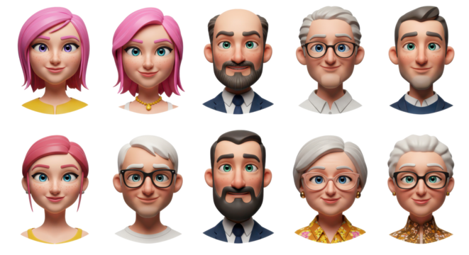 3D illustration of smiling people close up portraits set. Cute cartoon business men and women avatars, multi ethnic male and female characters faces, isolated on white