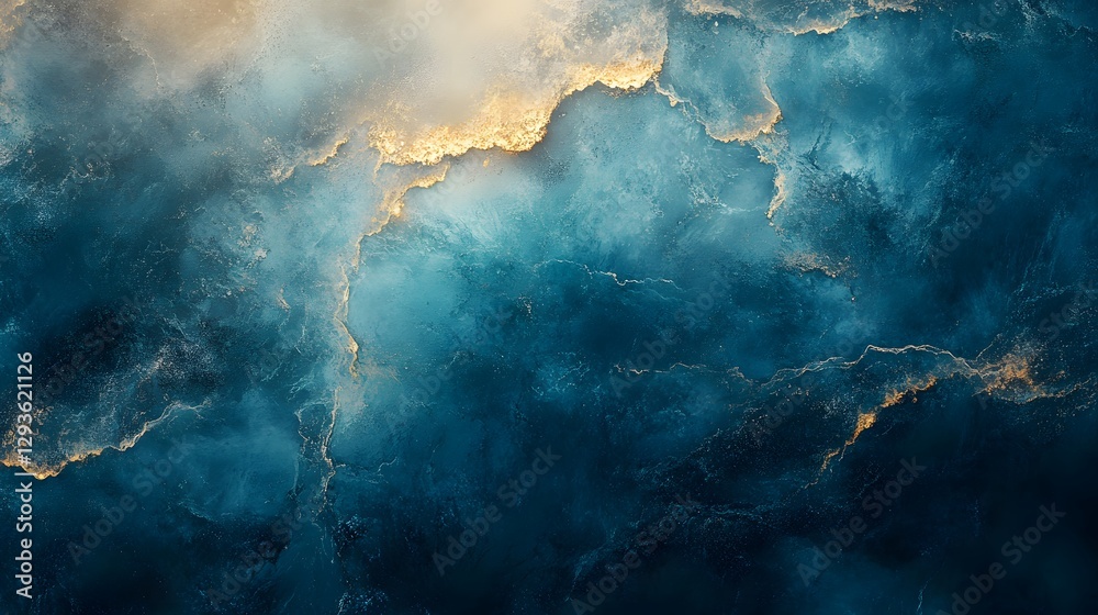 Poster abstract artwork depicting a mesmerizing blend of deep teal and golden hues, resembling an ocean's d