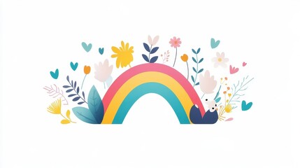Obraz premium Whimsical Rainbow with Flowers and Cute Creature in Bright Colors