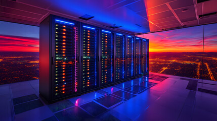 Digital Fortress: A modern data center server room bathed in the warm and cool lights of dusk, showcasing the complex technological infrastructure of the digital age.