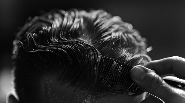 A barber carefully combs and styles a client's hair, highlighting expert techniques in a contemporary barbershop during a busy afternoon.