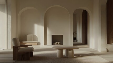 Minimalist Living Room Design With Arched Niches And Fireplace