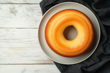 Elegant Golden Brown Swirl Cake on White Plate &ndash; Dusted with Powdered Sugar for a Decadent Look, Placed on Black Cloth Over White Wooden Surface for a Stylish Dessert Presentation
