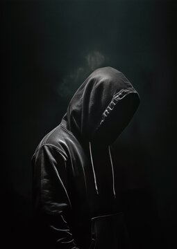 La silhouette sombre d'un homme portant une veste &agrave; capuche se tenant debout, visage cach&eacute; par des ombres, cr&eacute;ant une atmosph&egrave;re myst&eacute;rieuse et intrigante, image avec espace pour texte.