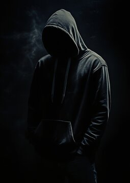La silhouette sombre d'une personne portant une veste &agrave; capuche se tenant debout dans l'obscurit&eacute;, visage cach&eacute; par des ombres, cr&eacute;ant une atmosph&egrave;re myst&eacute;rieuse et intrigante.
