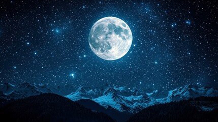 Fototapeta premium Full moon over snowy mountains at night