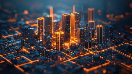 Futuristic city grid illuminated by orange light