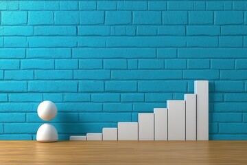 Visualize Success A Conceptual Image of Growth, Progress, and Achievement Depicting a Symbolic Figure Climbing a Staircase of Increasing Bar Heights Against a Textured Blue Brick Wall Background