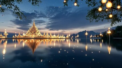 Celestial Reflection: A breathtaking architectural marvel, bathed in warm, inviting light, is mirrored in the serene waters of a calm lake, under a starlit, twilight sky.