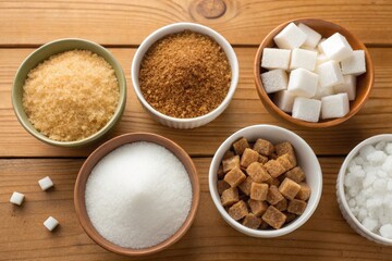 Assorted Sugars in Bowls on Rustic Wooden Table for Culinary Inspiration and Education