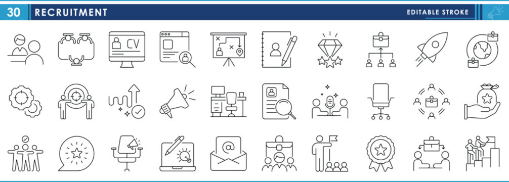 A set of line icons related to Recruitment. Recruit, jobs, startup, CV, benefit, vacancy, award, target, contact, job assignment, and so on. Vector editable stroke.