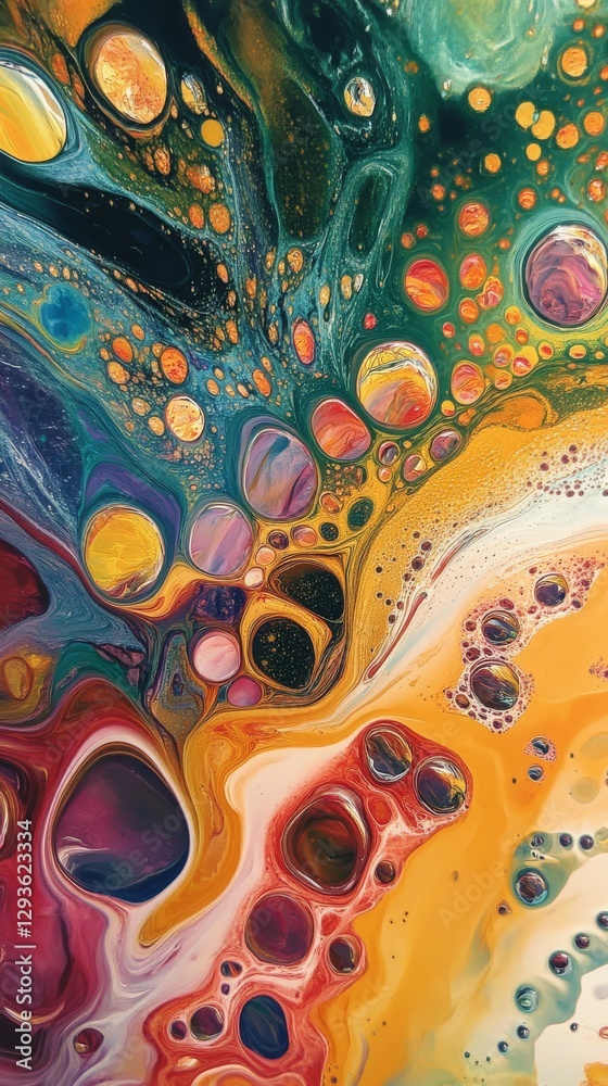 Poster Vibrant abstract painting with marbled swirls and colorful bubbles. Artistic expression in fluid dynamics concept