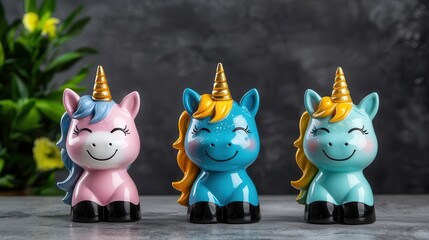 Obraz premium Colorful unicorn figurines on a textured background with soft lighting.