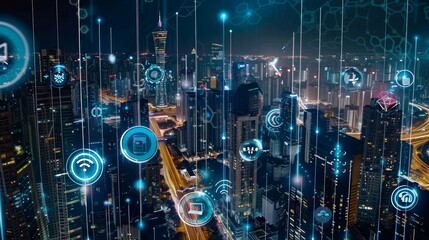 Night cityscape shows network connectivity with digital icons, reflecting a smart, advanced urban environment
