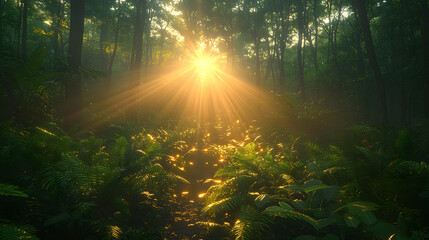 Sunlit Forest Path: A captivating view of sunlight bursting through the dense canopy, illuminating a forest path, creating a scene of magical beauty and ethereal light.