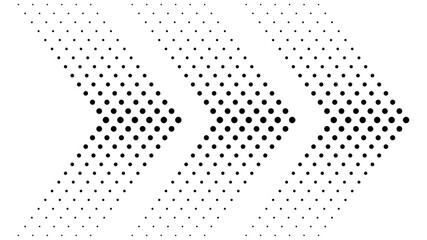 Abstract halftone dotted arrow pattern. Black dots arranged in a dynamic, forward-moving design on a white background. Design for modern, tech, and futuristic themes.